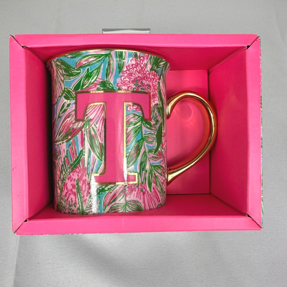 Lilly Pulitzer Ceramic Initial T Mug 14 oz Tropical‎ Floral Gold Handle New